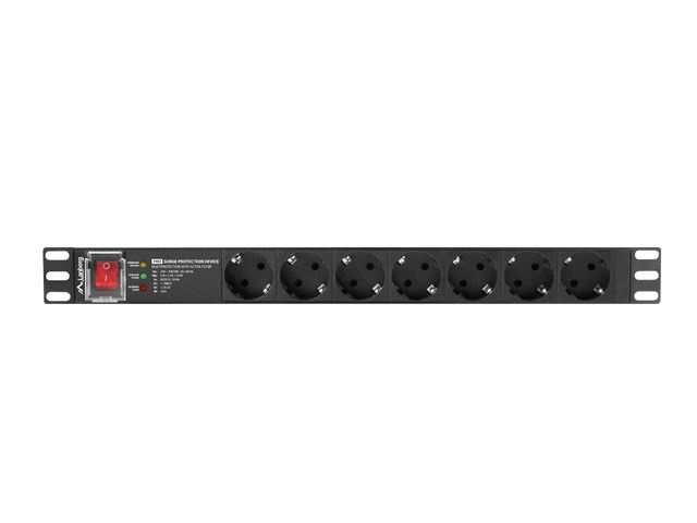 Lanberg PDU-PRO-07F-0200-BK 2m vezeték 19"/1U 7xSchuko aljzat Uni-Schuko csatlakozóvéggel fekete elosztósor kapcsolóval