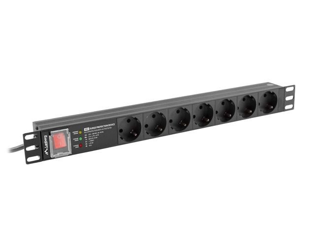 Lanberg PDU-PRO-07F-0200-BK 2m vezeték 19"/1U 7xSchuko aljzat Uni-Schuko csatlakozóvéggel fekete elosztósor kapcsolóval