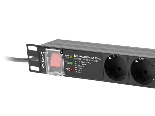 Lanberg PDU-PRO-07F-0200-BK 2m vezeték 19"/1U 7xSchuko aljzat Uni-Schuko csatlakozóvéggel fekete elosztósor kapcsolóval