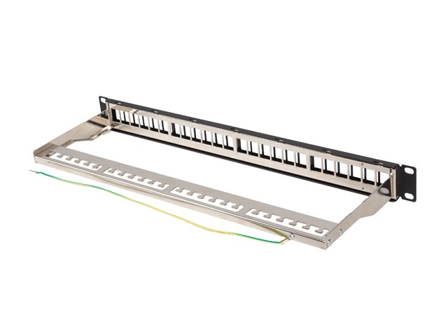 Lanberg PPKS-0924-B 19"/1U moduláris üres fekete patch panel 24 db Keystone jack fogadására, kábeltartóval