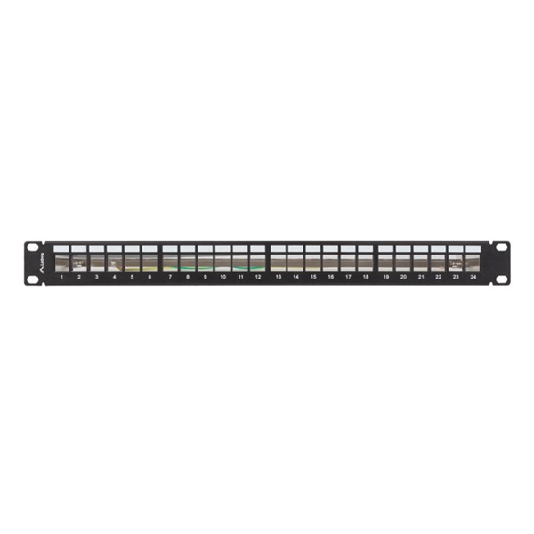 Lanberg PPKS-0924-B 19"/1U moduláris üres fekete patch panel 24 db Keystone jack fogadására, kábeltartóval
