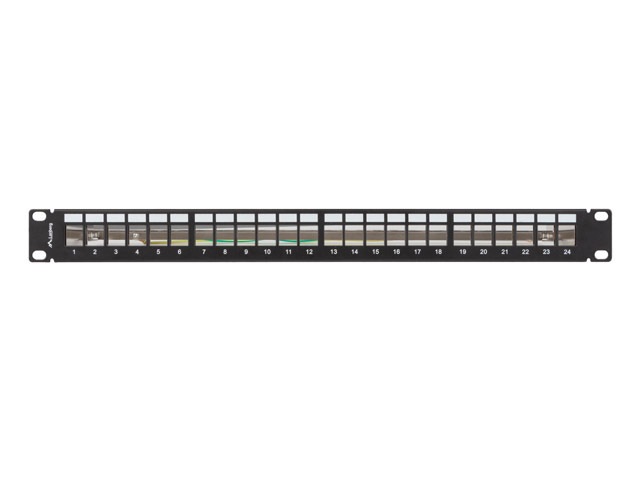 Lanberg PPKS-0924-B 19"/1U moduláris üres fekete patch panel 24 db Keystone jack fogadására, kábeltartóval