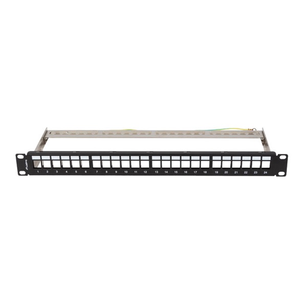 Lanberg PPKS-0924-B 19"/1U moduláris üres fekete patch panel 24 db Keystone jack fogadására, kábeltartóval