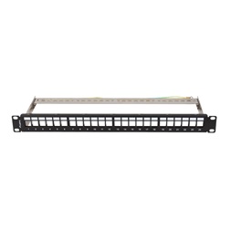 Lanberg PPKS-0924-B 19"/1U moduláris üres fekete patch panel 24 db Keystone jack fogadására, kábeltartóval