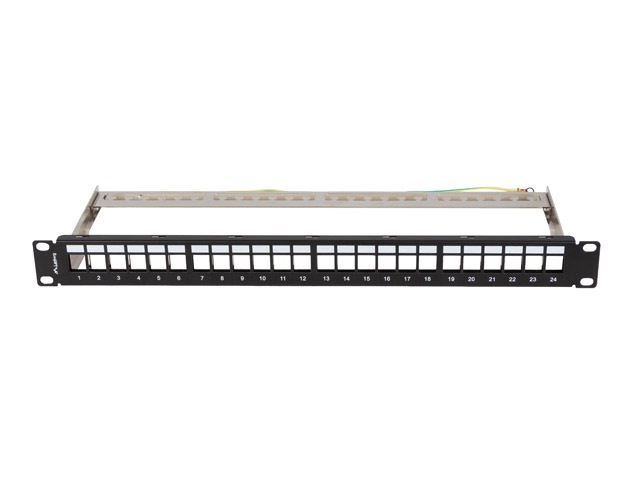 Lanberg PPKS-0924-B 19"/1U moduláris üres fekete patch panel 24 db Keystone jack fogadására, kábeltartóval