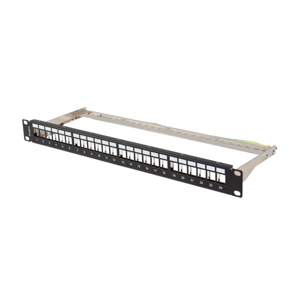 Lanberg PPKS-0924-B 19"/1U moduláris üres fekete patch panel 24 db Keystone jack fogadására, kábeltartóval