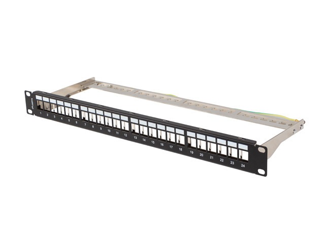 Lanberg PPKS-0924-B 19"/1U moduláris üres fekete patch panel 24 db Keystone jack fogadására, kábeltartóval