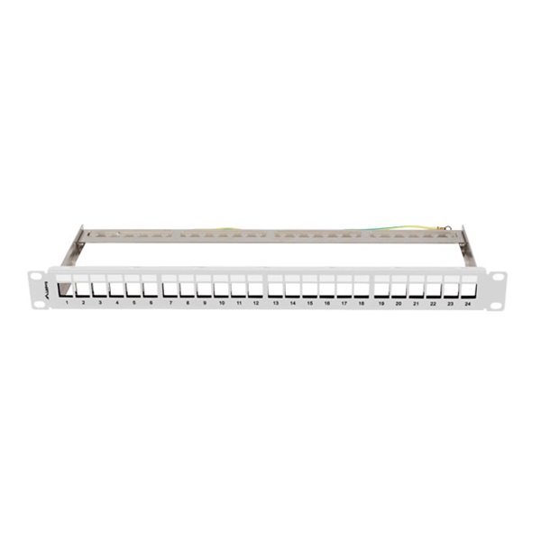 Lanberg PPKS-0924-S 19"/1U moduláris üres szürke patch panel 24 db Keystone jack fogadására, kábeltartóval