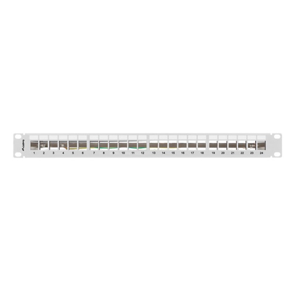 Lanberg PPKS-0924-S 19"/1U moduláris üres szürke patch panel 24 db Keystone jack fogadására, kábeltartóval