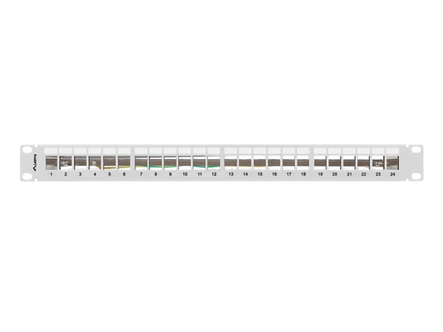 Lanberg PPKS-0924-S 19"/1U moduláris üres szürke patch panel 24 db Keystone jack fogadására, kábeltartóval
