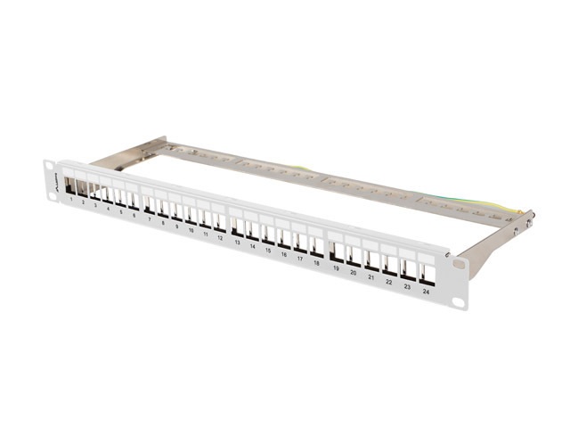 Lanberg PPKS-0924-S 19"/1U moduláris üres szürke patch panel 24 db Keystone jack fogadására, kábeltartóval