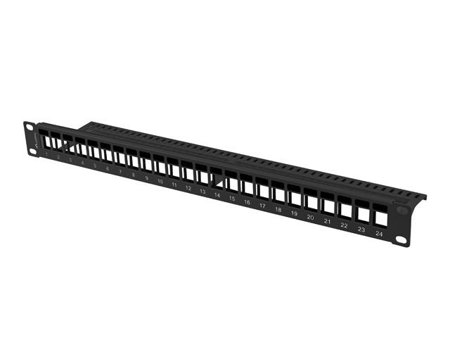 Lanberg PPKS-1024-B 19" 1U üres fekete patch panel 24 db Keystone jack fogadására, kábeltartóval