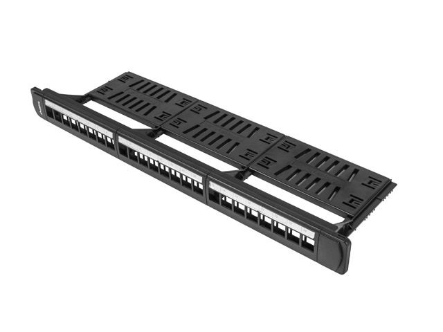 Lanberg PPKS-1124-B 19" 1U üres fekete patch panel 24 db Keystone jack fogadására, kábeltartóval