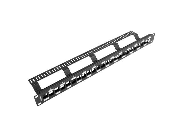 Lanberg PPKS-1224-B 19" 1U üres fekete patch panel 24 db Keystone jack fogadására, kábeltartóval