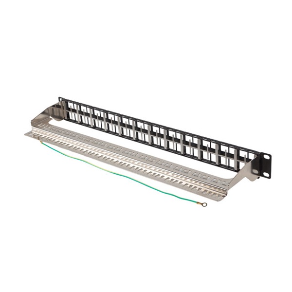 Lanberg PPKS-1248-B 19" 1U moduláris üres fekete patch panel 24 db FTP Keystone jack fogadására, kábeltartóval