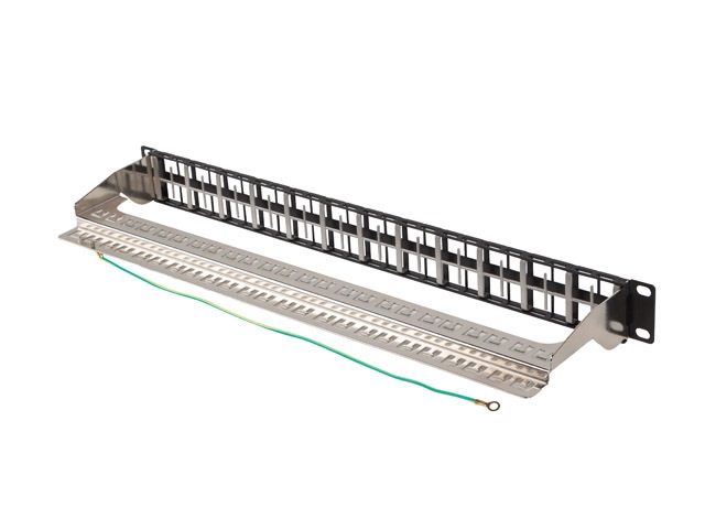 Lanberg PPKS-1248-B 19" 1U moduláris üres fekete patch panel 24 db FTP Keystone jack fogadására, kábeltartóval