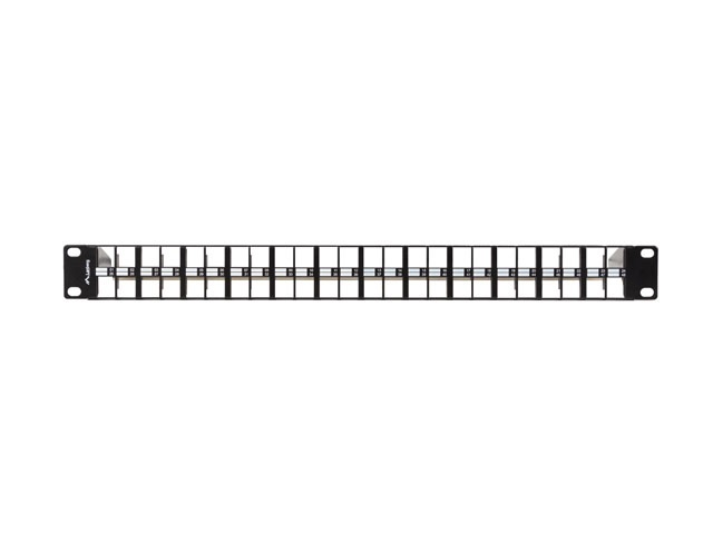 Lanberg PPKS-1248-B 19" 1U moduláris üres fekete patch panel 24 db FTP Keystone jack fogadására, kábeltartóval