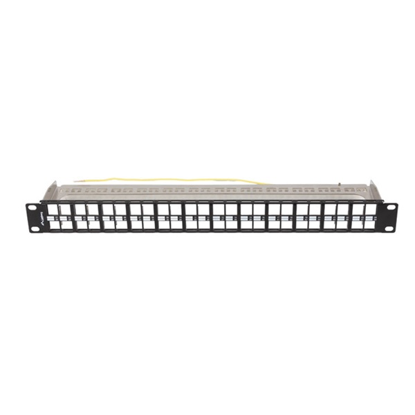 Lanberg PPKS-1248-B 19" 1U moduláris üres fekete patch panel 24 db FTP Keystone jack fogadására, kábeltartóval