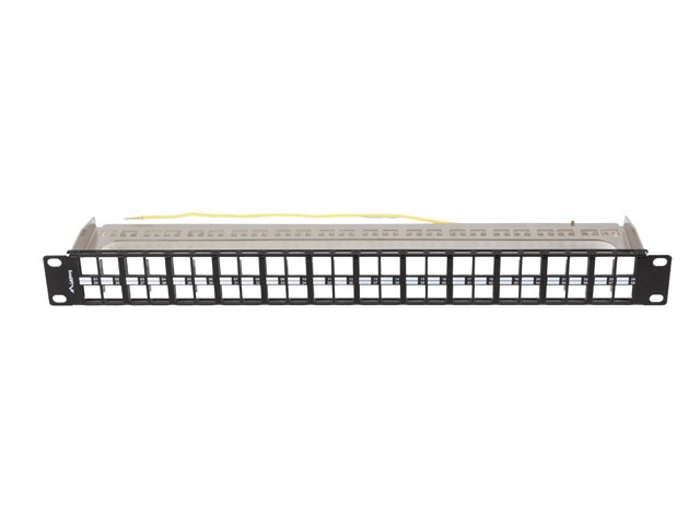 Lanberg PPKS-1248-B 19" 1U moduláris üres fekete patch panel 24 db FTP Keystone jack fogadására, kábeltartóval