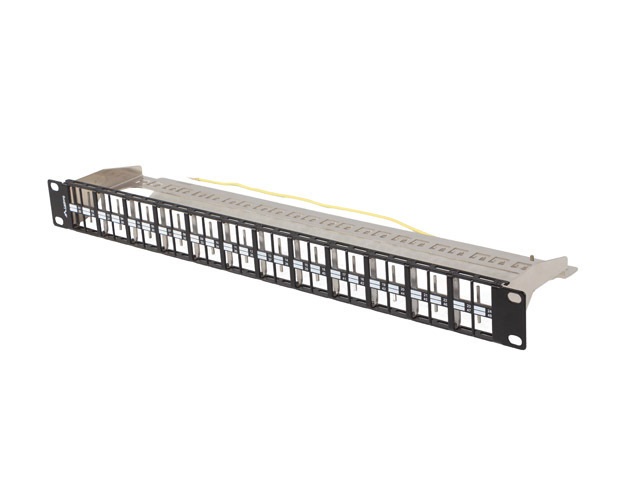 Lanberg PPKS-1248-B 19" 1U moduláris üres fekete patch panel 24 db FTP Keystone jack fogadására, kábeltartóval