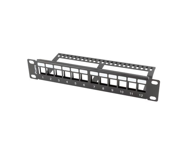 Lanberg PPKS-9112-B 10" 1U üres fekete patch panel 12 db Keystone jack fogadására, kábeltartóval