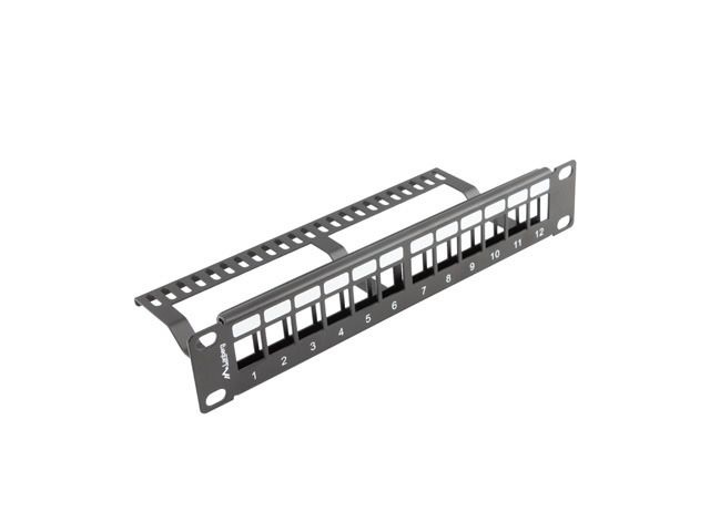 Lanberg PPKS-9112-B 10" 1U üres fekete patch panel 12 db Keystone jack fogadására, kábeltartóval