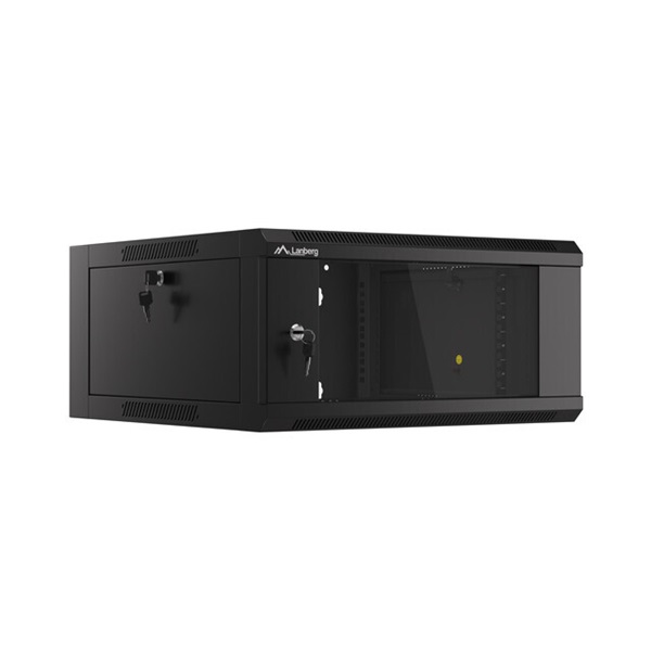 Lanberg WAFA-5604-10B 19" 12U SZÉL:570mm MÉLY:600mm MAG:277mm összeszerelt üvegajtós fekete fali rack szekrény