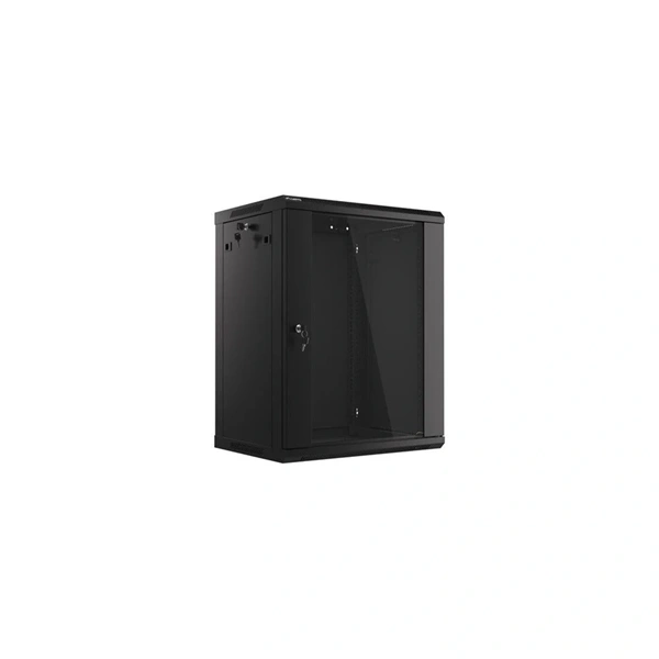 Lanberg WF01-6415-10B 19" 15U SZÉL:600mm MÉLY:450mm MAG:774mm lapraszerelt üvegajtós fekete fali rack szekrény (Újszerű)