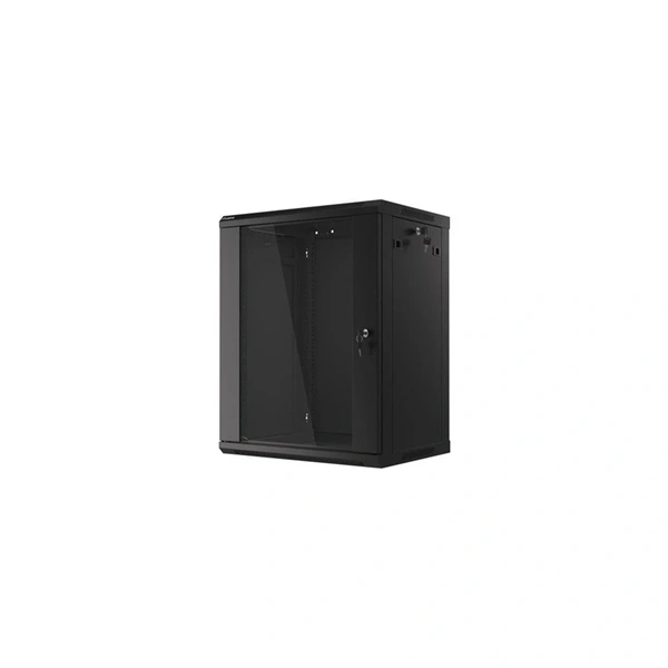 Lanberg WF01-6415-10B 19" 15U SZÉL:600mm MÉLY:450mm MAG:774mm lapraszerelt üvegajtós fekete fali rack szekrény (Újszerű)