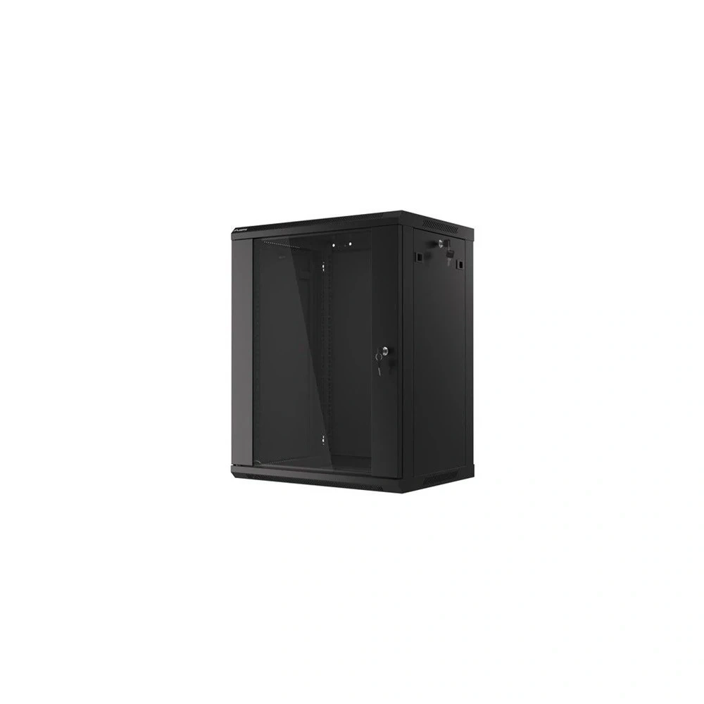 Lanberg WF01-6415-10B 19" 15U SZÉL:600mm MÉLY:450mm MAG:774mm lapraszerelt üvegajtós fekete fali rack szekrény (Újszerű)