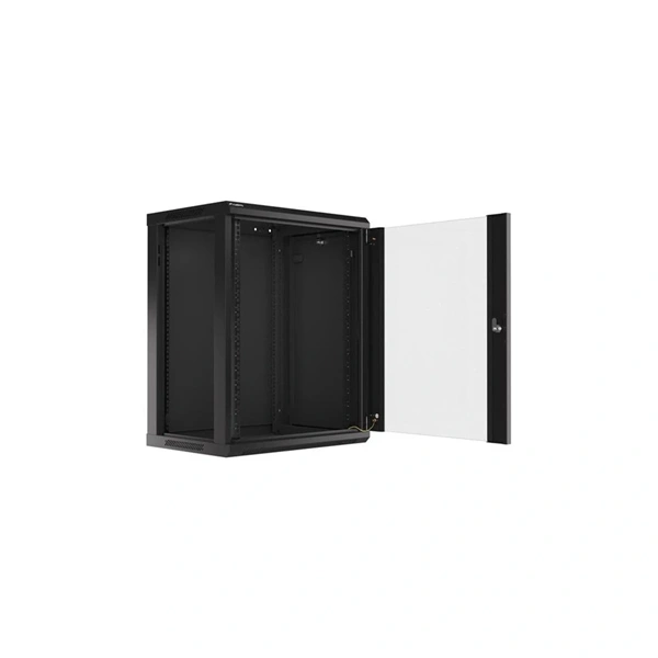 Lanberg WF01-6415-10B 19" 15U SZÉL:600mm MÉLY:450mm MAG:774mm lapraszerelt üvegajtós fekete fali rack szekrény (Újszerű)