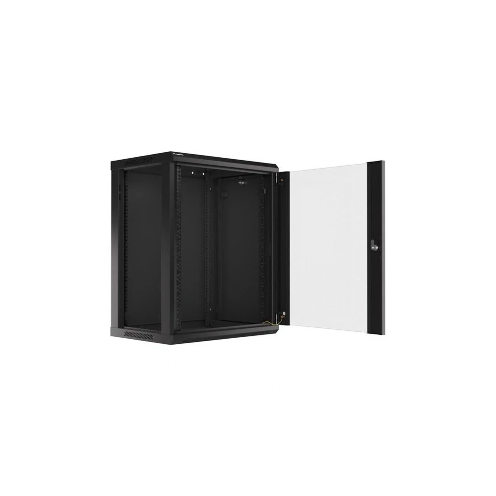Lanberg WF01-6415-10B 19" 15U SZÉL:600mm MÉLY:450mm MAG:774mm lapraszerelt üvegajtós fekete fali rack szekrény (Újszerű)
