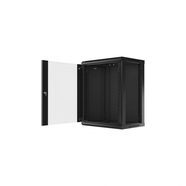 Lanberg WF01-6415-10B 19" 15U SZÉL:600mm MÉLY:450mm MAG:774mm lapraszerelt üvegajtós fekete fali rack szekrény (Újszerű)