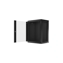 Lanberg WF01-6415-10B 19" 15U SZÉL:600mm MÉLY:450mm MAG:774mm lapraszerelt üvegajtós fekete fali rack szekrény (Újszerű)