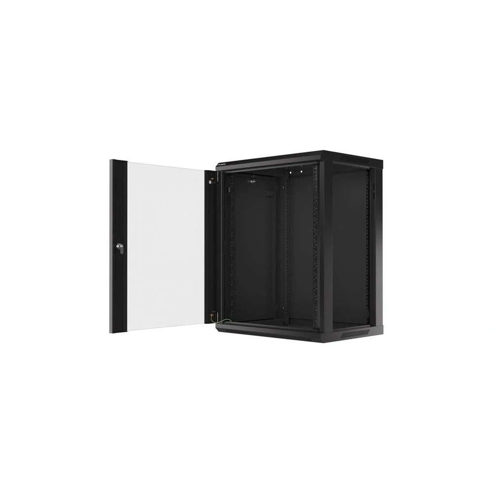 Lanberg WF01-6415-10B 19" 15U SZÉL:600mm MÉLY:450mm MAG:774mm lapraszerelt üvegajtós fekete fali rack szekrény (Újszerű)