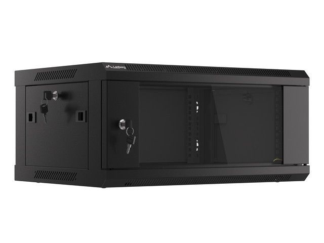 Lanberg WF01-6404-10B 19" 4U SZÉL:600mm MÉLY:450mm MAG:290mm lapraszerelt üvegajtós fekete fali rack szekrény