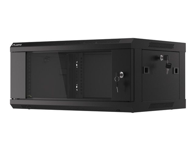 Lanberg WF01-6404-10B 19" 4U SZÉL:600mm MÉLY:450mm MAG:290mm lapraszerelt üvegajtós fekete fali rack szekrény