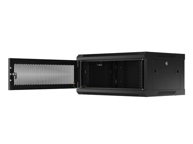 Lanberg WF01-6404-23B 19" 4U SZÉL:600mm MÉLY:450mm MAG:512mm lapraszerelt perforált ajtós fekete fali rack szekrény
