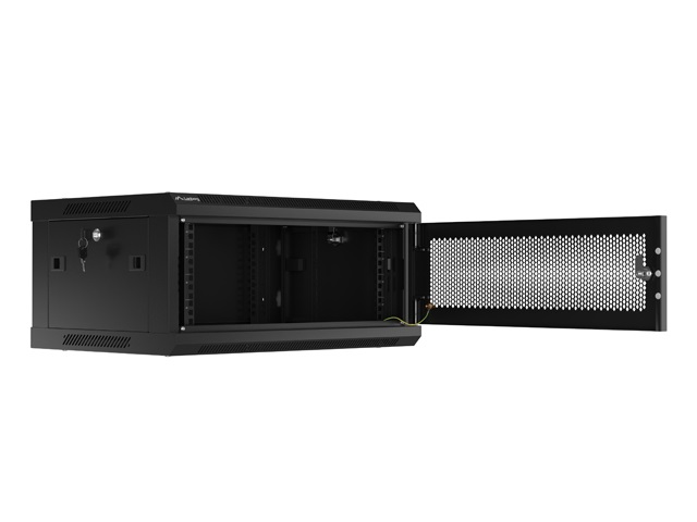 Lanberg WF01-6404-23B 19" 4U SZÉL:600mm MÉLY:450mm MAG:512mm lapraszerelt perforált ajtós fekete fali rack szekrény