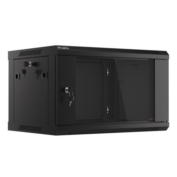 Lanberg WF01-6406-10B 19" 6U SZÉL:600mm MÉLY:450mm MAG:379mm lapraszerelt üvegajtós fekete fali rack szekrény