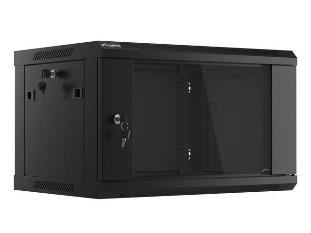 Lanberg WF01-6406-10B 19" 6U SZÉL:600mm MÉLY:450mm MAG:379mm lapraszerelt üvegajtós fekete fali rack szekrény