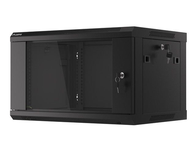 Lanberg WF01-6406-10B 19" 6U SZÉL:600mm MÉLY:450mm MAG:379mm lapraszerelt üvegajtós fekete fali rack szekrény