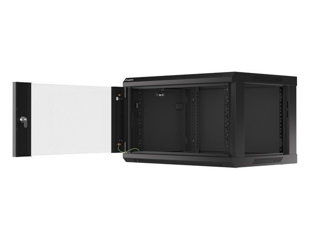 Lanberg WF01-6406-10B 19" 6U SZÉL:600mm MÉLY:450mm MAG:379mm lapraszerelt üvegajtós fekete fali rack szekrény
