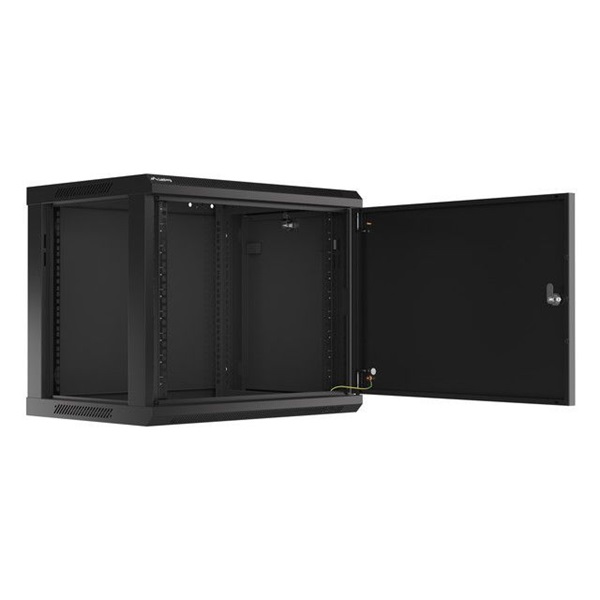 Lanberg WF01-6409-00B 19" 9U SZÉL:600mm MÉLY:450mm MAG:512mm lapraszerelt fémajtós fekete fali rack szekrény