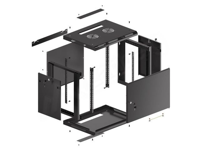 Lanberg WF01-6409-00B 19" 9U SZÉL:600mm MÉLY:450mm MAG:512mm lapraszerelt fémajtós fekete fali rack szekrény