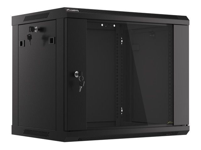 Lanberg WF01-6409-10B 19" 9U SZÉL:600mm MÉLY:450mm MAG:512mm lapraszerelt üvegajtós fekete fali rack szekrény