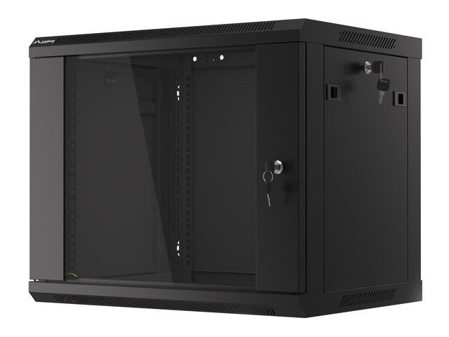 Lanberg WF01-6409-10B 19" 9U SZÉL:600mm MÉLY:450mm MAG:512mm lapraszerelt üvegajtós fekete fali rack szekrény