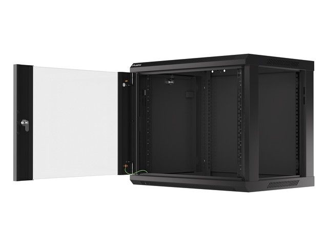 Lanberg WF01-6409-10B 19" 9U SZÉL:600mm MÉLY:450mm MAG:512mm lapraszerelt üvegajtós fekete fali rack szekrény