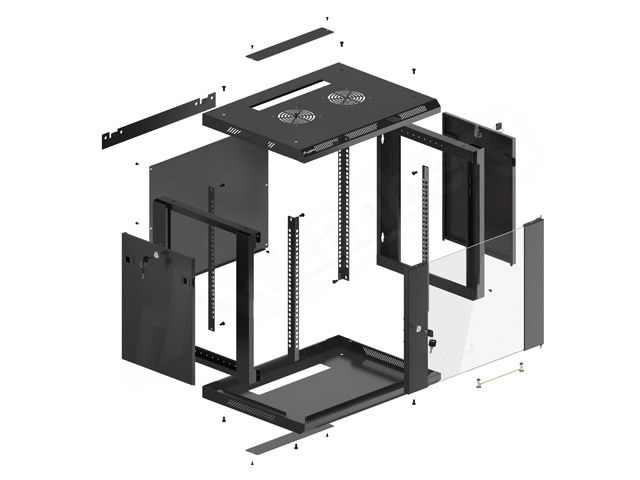 Lanberg WF01-6409-10B 19" 9U SZÉL:600mm MÉLY:450mm MAG:512mm lapraszerelt üvegajtós fekete fali rack szekrény