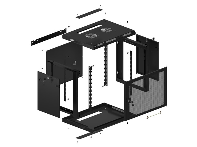 Lanberg WF01-6409-23B 19" 9U SZÉL:600mm MÉLY:450mm MAG:512mm lapraszerelt perforált ajtós fekete fali rack szekrény